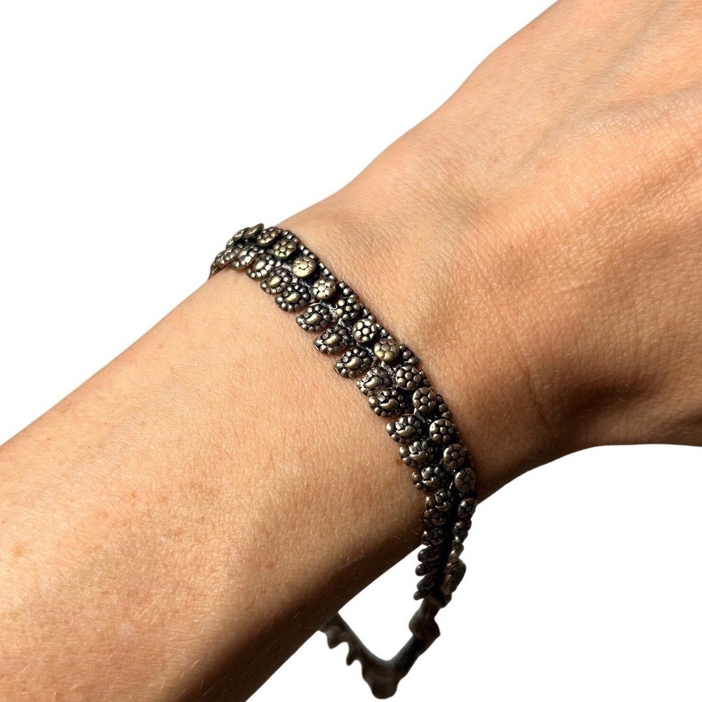 SLR Sterling Silver Floral Link Bracelet Antiqued Oxidized S-Hook Clasp Artisan